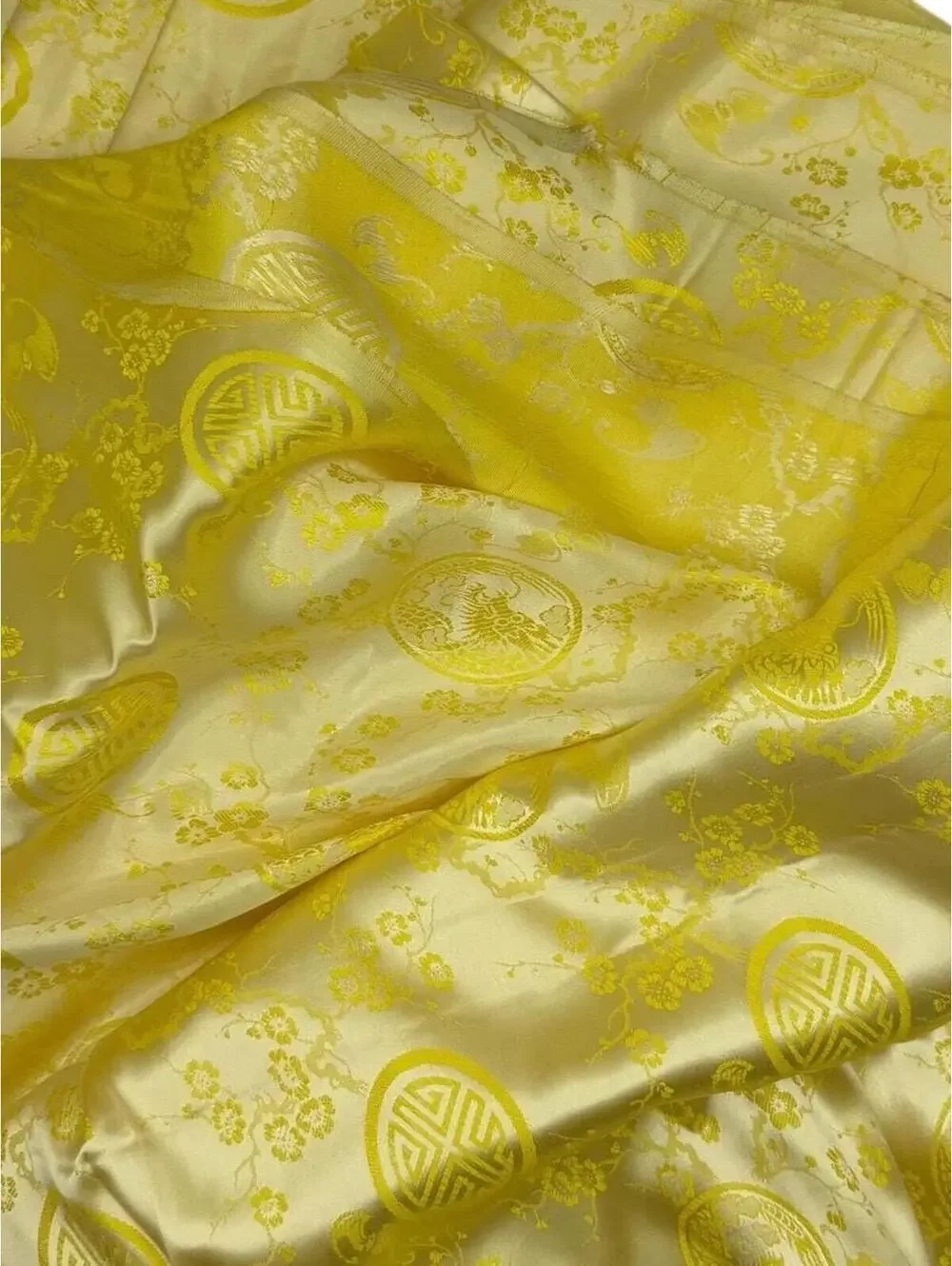 Vintage Yellow Satin Brocade Fabric: Asian Floral Pattern, 11 Yards